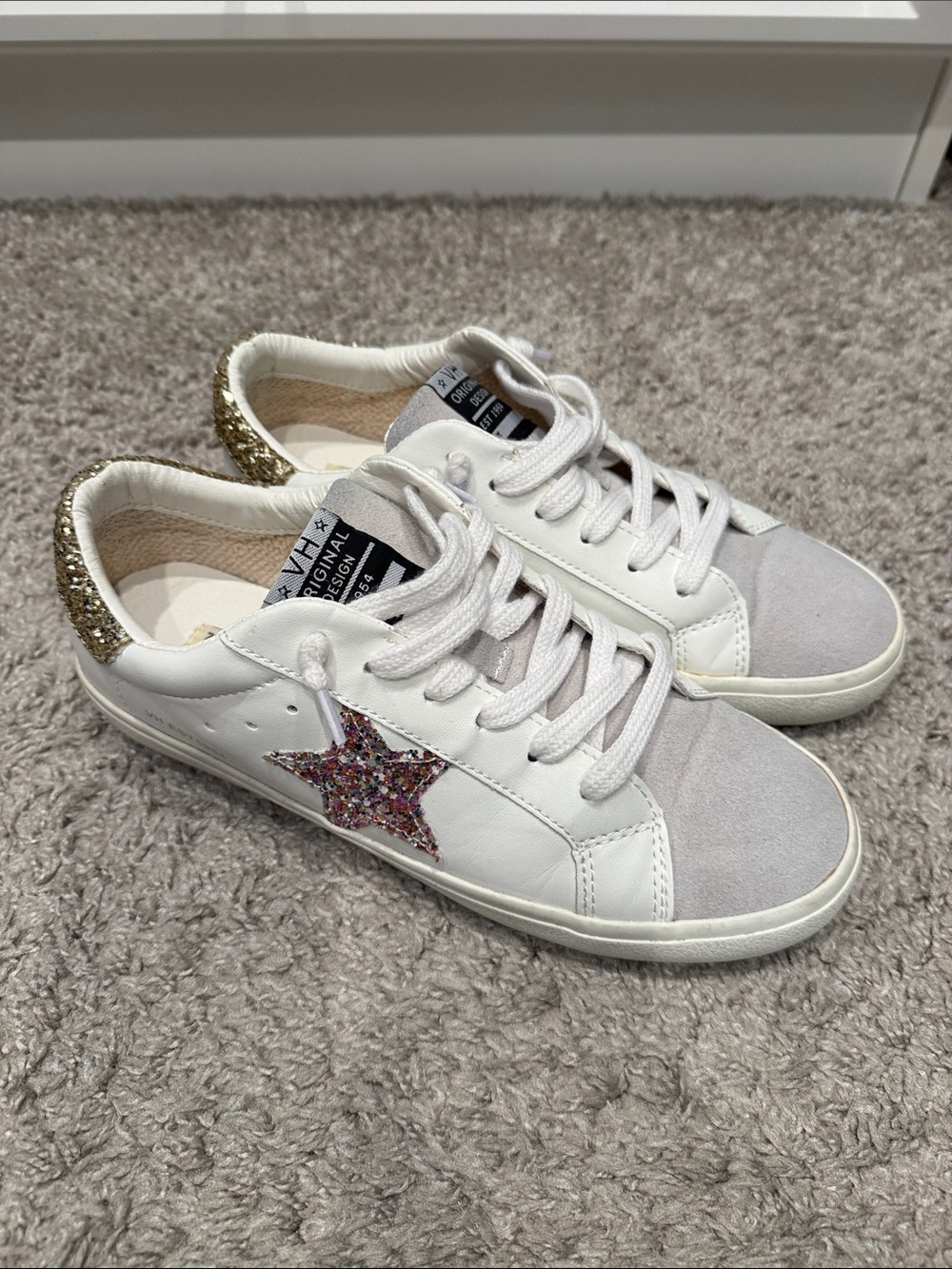 Vintage Havana White Sneakers with Pink Glitter Star and Gold Heel